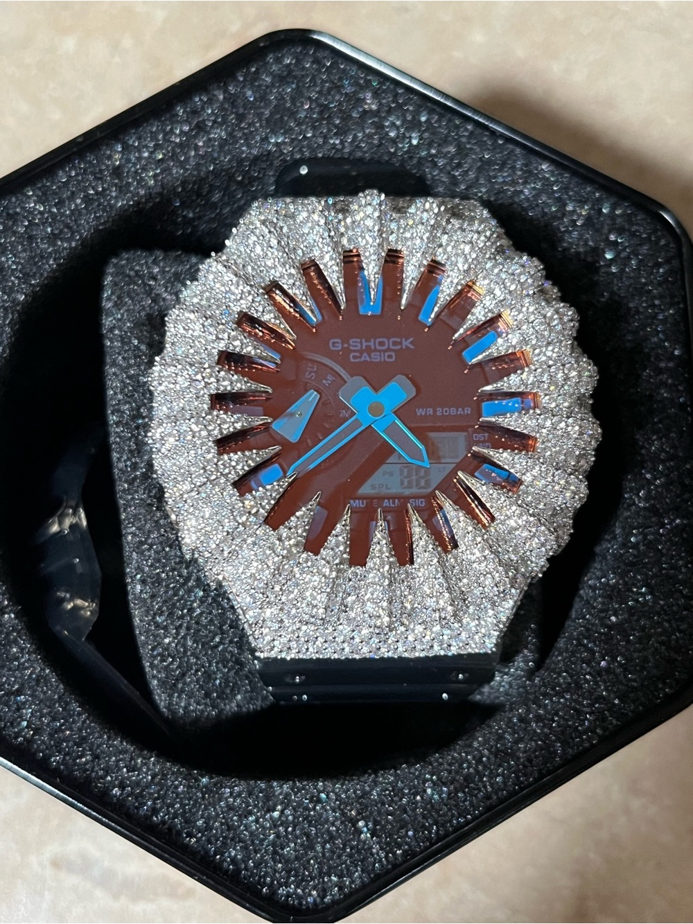 G-Shock Silver Iced Bezel Watch with Brown Dial and Blue Hands